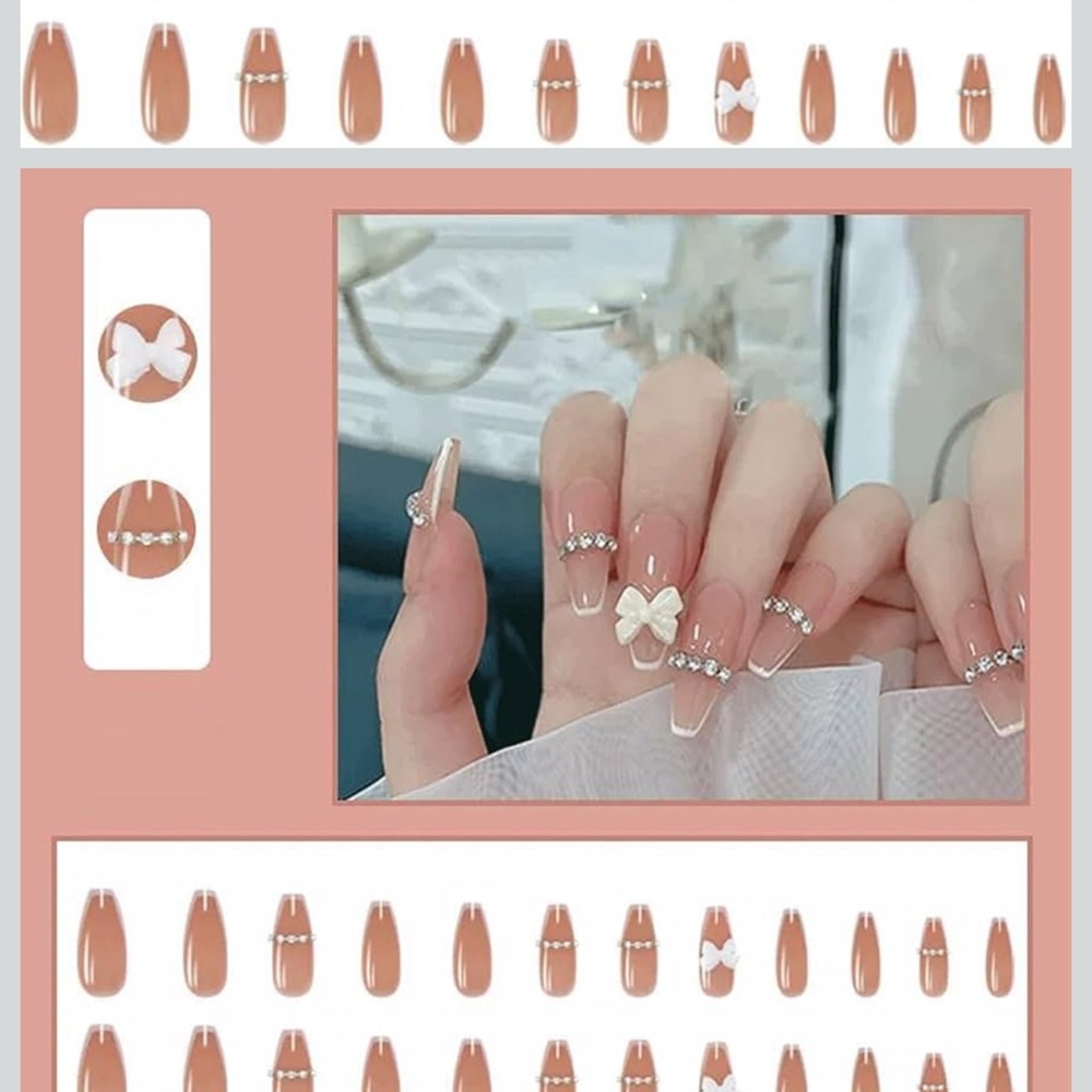 Elegant Nude Press-On Nails with 3D Bows and Rhinestone Accents